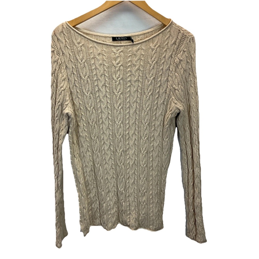 VTG Lauren Ralph Lauren Sweater Women LG Cable Knit Taupe Boat Neck‎ Pullover